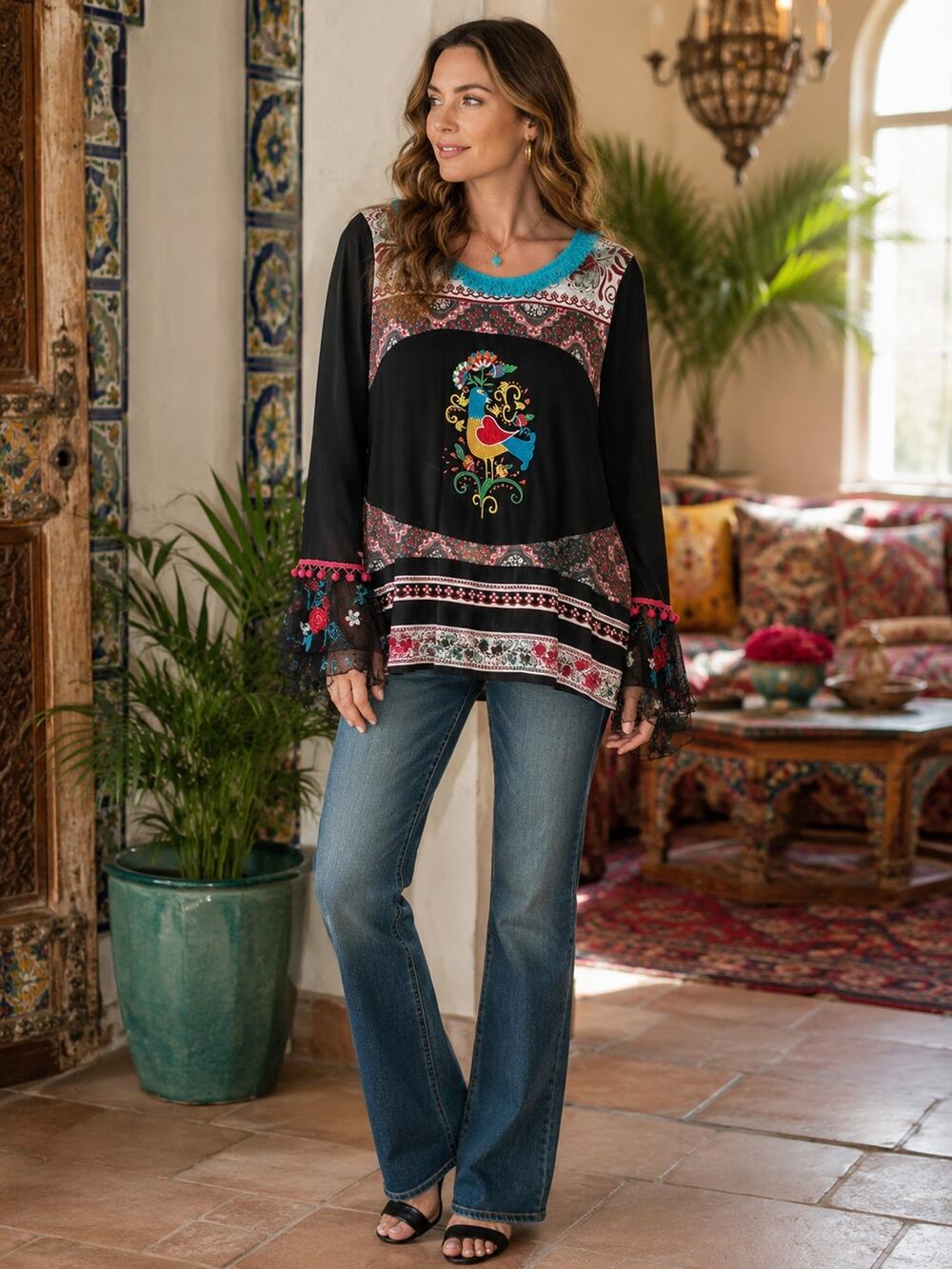 SAVAGE CULTURE Colorful Boho Embroidered Tunic Top Size Large